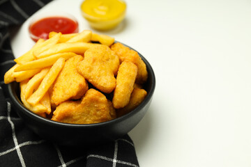 Concept of tasty fast food, nuggets, space for text