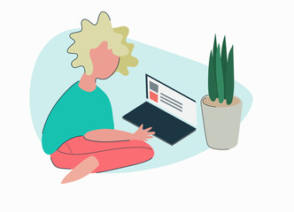 Fototapeta premium Remote work, social networking, cv, exam preparation, homework. Man with cv or laptop, working. Vector illustration, flat style view from above