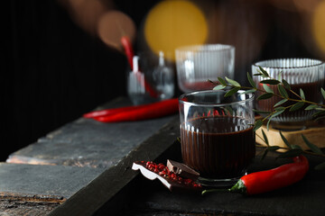 Concept of delicious food - chocolate with pepper and hot chocolate with pepper