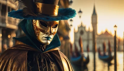 Poster Masked person in carnival costume in Venice. Based on Generative AI © Yeti Studio