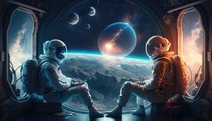 Fototapeta na wymiar Astronaut and astronauts exploring planets in outer space, made with generated ai