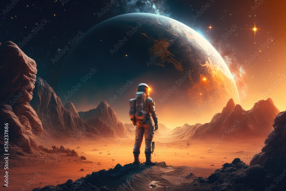 Wall mural astronaut and astronauts exploring planets in outer space, made with generated ai