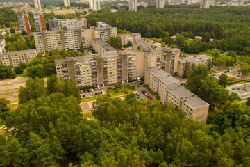 Fototapeta na wymiar Drone photography of old multistory apartment block in eastern europe