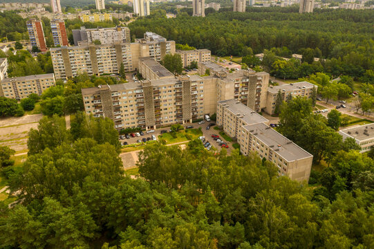 Drone photography of old multistory apartment block in eastern europe