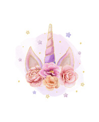 Beautiful cute unicorn horn with flower watercolor illustration for girl and kids