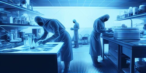 Scientists in the laboratory doing research. Chemical, medical research. Scientific laboratory. Medical science laboratory with scientists. Work on computers, sample analysis. Generative AI 