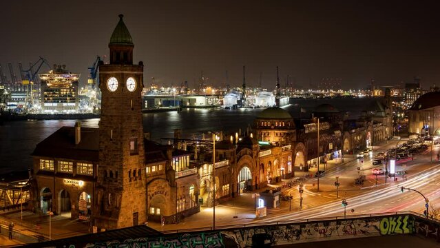 Hamburg, Germany: 4k Time lapse: St. Pauli Landungsbruecken and Hamburg harbor at night	
