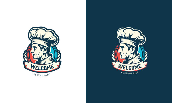 Modern classy restaurant chef linogravure emblem
