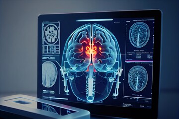 Diagnostics and treatment of diseases of the brain with modern research. Concept of x-ray examination of the brain. Diagnostics, treatment of diseases such as alzheimer and parkinson.Generative AI