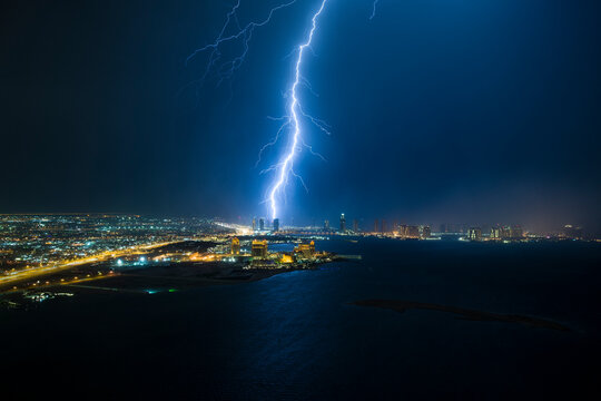 Lightning storm in city of Doha, Qatar