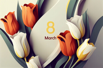 Holiday card March 8 Happy Women's Day. Numeral 8 with flowers on light background. Image generated using AI