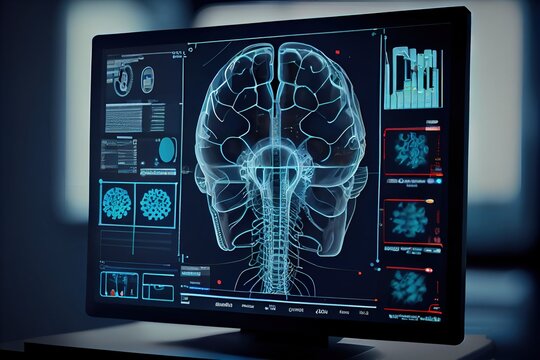 Diagnostics and treatment of diseases of the brain with modern research. Concept of x-ray examination of the brain. Diagnostics, treatment of diseases such as alzheimer and parkinson.Generative AI