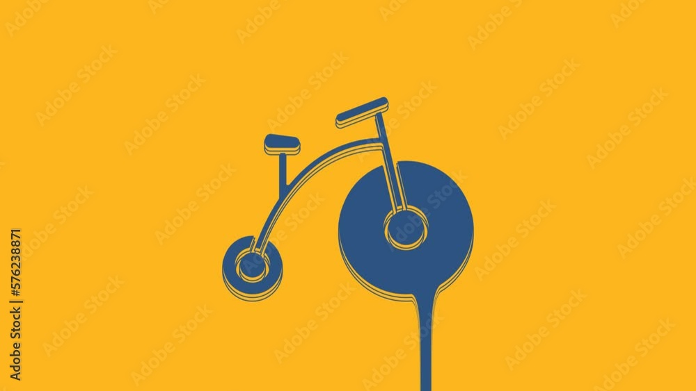 Wall mural blue vintage bicycle with one big wheel and one small icon isolated on orange background. bike publi