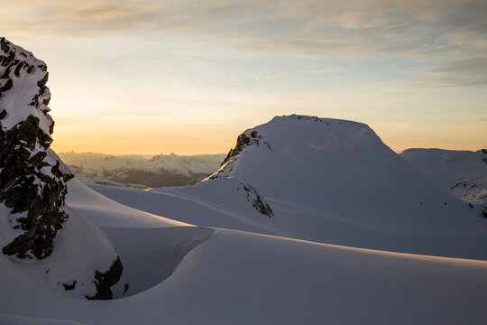 The last light of the day during a backcountry ski tour in the Coast Mountains near Whistler, British Columbia, Canada.