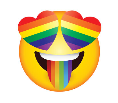 Heart eyes Pride flag emoji vector illustration isolated on white. Pride emoticon. LGBT Pride Month symbol, icon, element