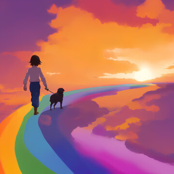 Girl and dog walk on rainbow towards the sun