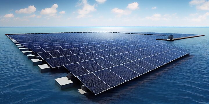 Huge solar battery on water. Solar power. Group of floating solar panels in an installation on the water. Environmentally-friendly renewable energy concept. Generative AI