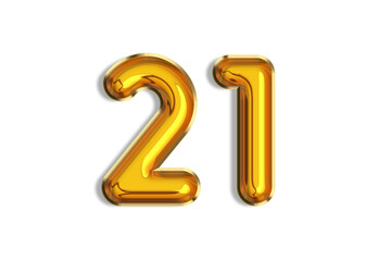 21 years old. Gold balloons, 21th anniversary number, happy birthday congratulations. Illustration of golden realistic 3d symbols. Banner, icons isolated on white background.