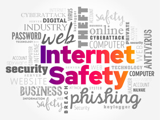 Internet Safety - safe on the internet and is the act of maximizing a user's awareness of personal safety and security risks, word cloud concept background