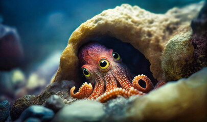 A lone octopus peeking out from under a rock