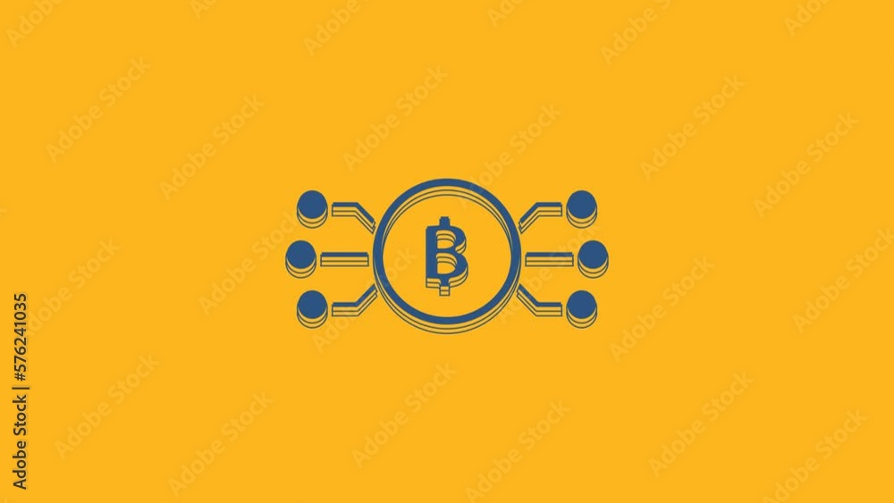 Poster blue cryptocurrency bitcoin in circle with microchip circuit icon isolated on orange background. blo