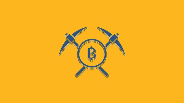 Blue Crossed pickaxe icon isolated on orange background. Blockchain technology, cryptocurrency mining, bitcoin, altcoins, digital money market. 4K Video motion graphic animation
