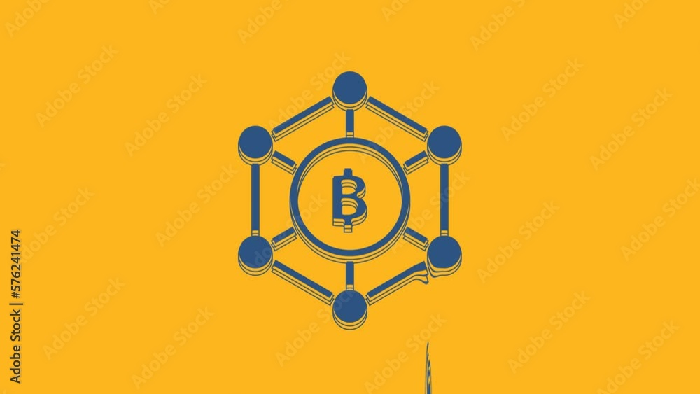 Poster blue blockchain technology bitcoin icon isolated on orange background. abstract geometric block chai