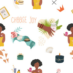 Naklejka premium Seamless pattern, digital paper, wrapping paper on the theme of personal care: girl, heart, mask, candle, flower. Flat cartoon vector illustration, hand drawn style. The concept of self-love, health.