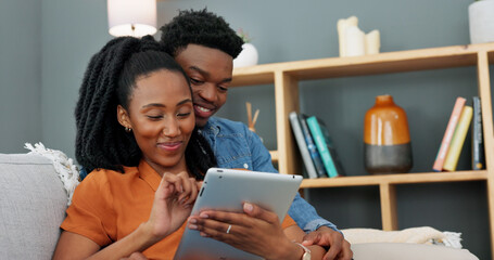 Black couple, tablet and happy man and woman browsing the internet, doing online shopping or...