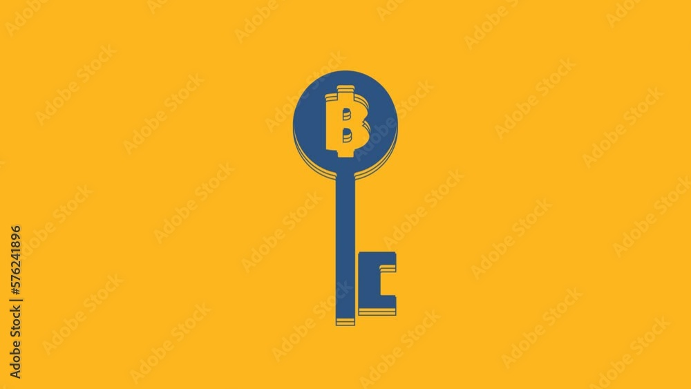 Poster blue cryptocurrency bitcoin key icon isolated on orange background. concept of cyber security or dig