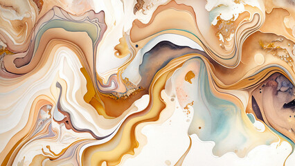 Fluid art background. Beige wavy stains, paper marbling technique. Abstract texture. AI generative illustration.