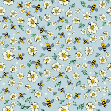 Bees and white flowers seamless pattern. Spring floral background with flowers, hand drawn, vector. Bee print for fabric and paper