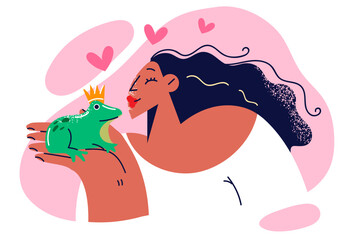 Woman wants to kiss crowned frog after reading fairy tale about transformation animal into prince