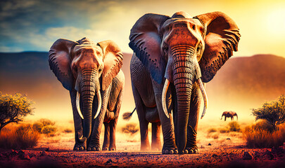 Majestic elephants wandering in the savanna