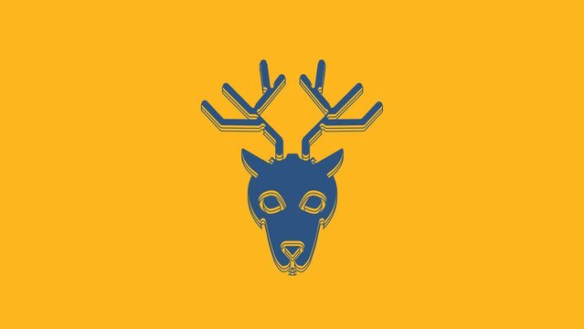 Blue Deer head with antlers icon isolated on orange background. 4K Video motion graphic animation