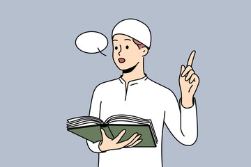 Arabic man in traditional headwear reading from Koran. Muslim male make speech holding Quran in hands. Religion and faith concept. Vector illustration. 