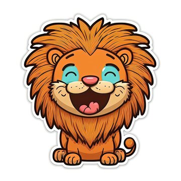 isolated cartoon lion sticker for prints and drawings with roaring smile generative ai