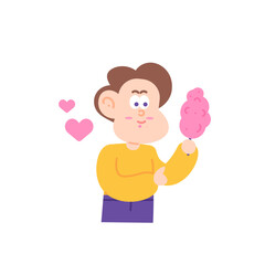 illustration of a boy eating cotton candy. likes to eat cotton candy. sweet food. happy cotton candy day character illustration design. vector elements