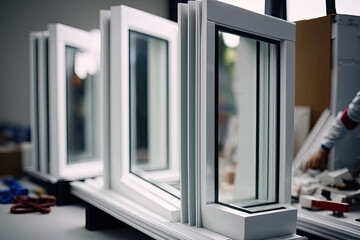 Installation of white standard plastic windows profile with triple glazing in section. Generative AI