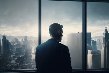 Rear view of man in formal suites who stand in front of panoramic window with city view. a man stands in front of big panoramic wiindow view from back, gerative ai.