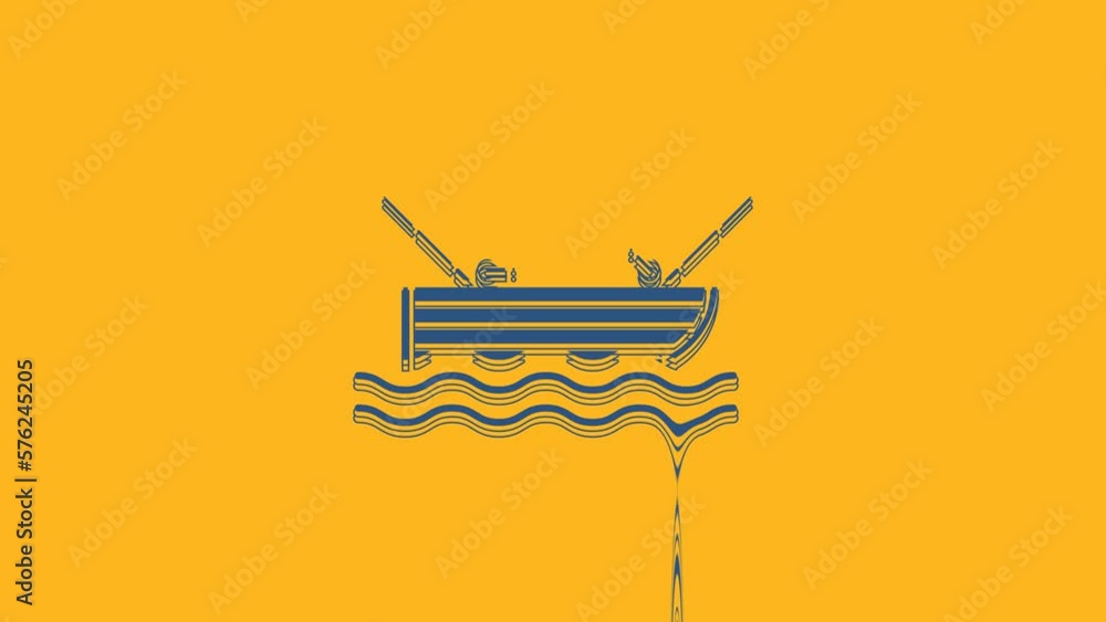 Sticker Blue Fishing boat with fishing rod on water icon isolated on orange background. 4K Video motion graphic animation