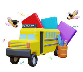 Naklejka premium School bus with school accessories and books. Education and welcome back to school concept. Design for website banner, presentation, poster and advertising. 3d rendering