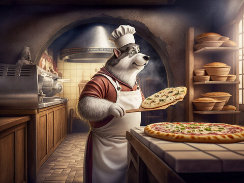 Husky dog chef doing pizza in restaurant kitchen, generative ai