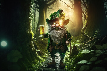 Fototapeta premium A leprechaun holding a glass of green beer in a forest, outdoor, St. Patrick's Day celebration, Irish Traditions. AI Generative