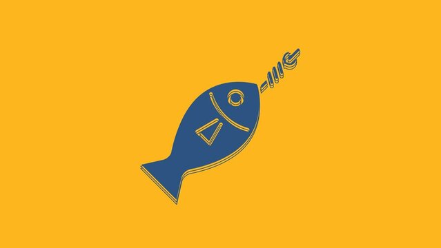 Blue Fish on hook icon isolated on orange background. 4K Video motion graphic animation