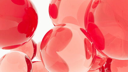 3dレンダリング 細胞 美容医療 コラーゲンやペプチドの泡のデザイン, 透明感のある赤いジェリー 液体の塊がぶつかり合う, 医療 アブストラクト