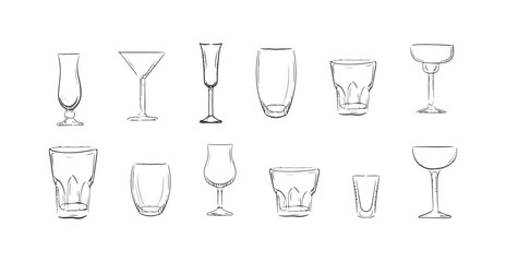 Glasses for cocktails set. Exquisite glassware for martini and vodka drinks with added liqueurs in parties and clubs vector presentations