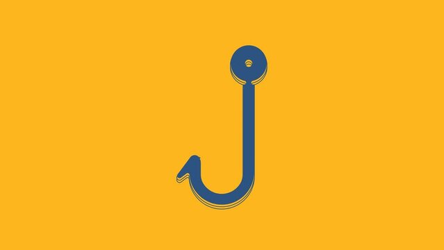 Blue Fishing hook icon isolated on orange background. Fishing tackle. 4K Video motion graphic animation