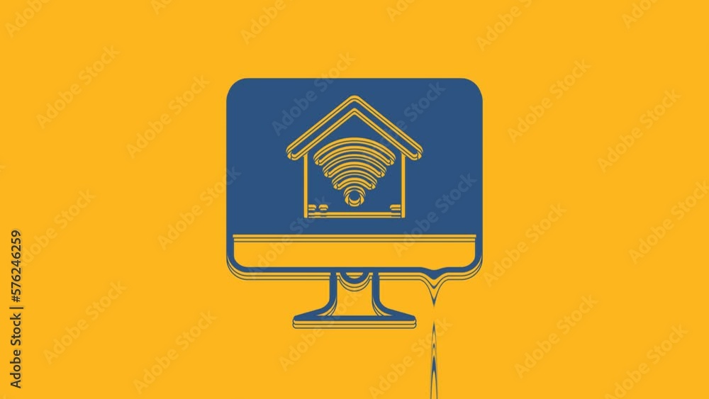 Poster blue computer monitor with smart home with wi-fi icon isolated on orange background. remote control.