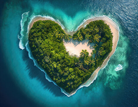 Aerial view of Caribbean Island in the Shape of a Heart. Love Vacation Concept. Generative AI.